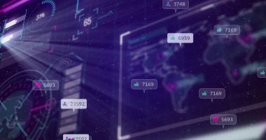 Dünya haritasında yüzen sosyal medya ölçümlerini gösteren gösterge paneli, neon ışınları. Gösterge paneli, veri görselleştirme, neon, ui, analitik, dijital, teknoloji