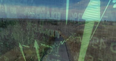 Kasklı ve ceketli bisikletli gençler asfalt yolda bisiklet sürüyorlar. Finansal tablolar, oklar var. Macera, açık hava, teknoloji, fitness, doğa, ilerleme, gençlik