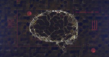 Dijital ızgara UI 'da kırmızı kalemler, çubuklar ve morumsu karelerle parlayan altın beyin ağı görüntüleniyor. Fütürist, teknoloji, dijital, sinirsel, yapay zeka, siber, yenilik