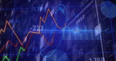 Displaying financial dashboard on blue grid, with colored line graphs, bars and highlight circle. Analytics, finance, technology, visualization, data, investment, dashboard