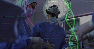 Lead surgeon wearing scrubs, headlamp performing surgery in OR, with vital monitor and DNA overlay. Medical, collaboration, clinical, modern, healthcare, precision, innovation