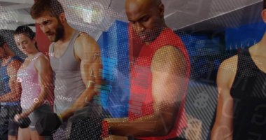 Performing bicep curls group of six adults lifting dumbbells inside gym, with digital data overlay. Fitness, strength, teamwork, motivation, modern, wellness, exercise