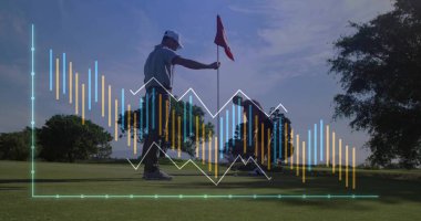 Male golfer aligning putt on putting green with partner holding red flagstick, graph overlay. Athletics, sports, competition, leisure, outdoor, activity, analysis