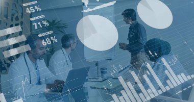 Presenting doctor in scrubs displaying digital charts at conference table, with flip chart. Medical, teamwork, data, analysis, innovation, healthcare, collaboration