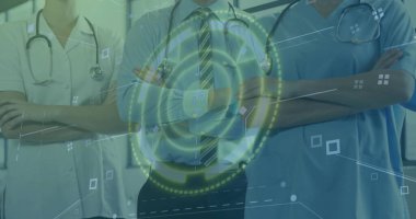 Üniformalı tıbbi ekip, klinikte steteskoplu ve dijital kaplamalı silahlar. Sağlık, takım çalışması, teknoloji, profesyonellik, hastane, klinik, yenilik