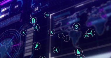 Kontrol istasyonunda enerji veri arayüzü gösteriliyor, dünya haritası, grafikler, üstüste bindirmeler ve simgelerle. Gelecekçi, teknoloji, gösterge paneli, veri görselleştirme, dijital, analitik, neon
