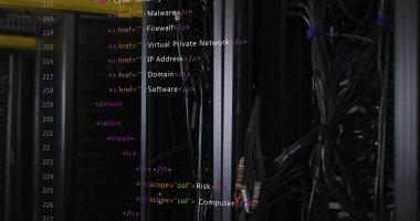 Sunucu rafı sunucu kablosu, veri merkezinde HTML kaplamalı RJ45 konnektörleri, LED ışıkları gösteriliyor. Teknoloji, altyapı, siber güvenlik, yenilik, dijital ağ, otomasyon