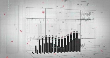 Işık ızgarasında, etiketler, semboller ve üstüste bindirmelerle 3D grafik oluşturan dikey siyah çubuklar gösteriliyor. Veri, analitik, görselleştirme, dijital, geleceksel, bilgi grafikleri, teknoloji