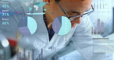 Leaning researcher in lab coat examining holographic world map, pie and bar charts in lab. Innovation, analytics, technology, scientific, futuristic, data visualization, professional