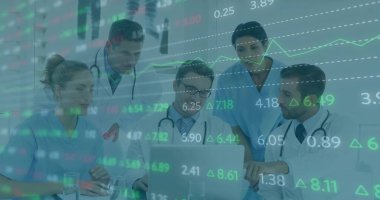 Analyzing data overlays on laptop in clinic, team in medical attire with stethoscopes, water glass. Healthcare, collaboration, analytics, professionalism, innovation, teamwork, medical