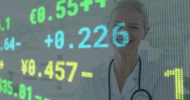 Analyzing doctor in lab coat and stethoscope viewing digital currency rates in clinic, copy space. Medical, finance, technology, professional, innovation, data, analysis