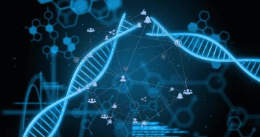 Weaving glowing blue DNA helix traversing digital interface, with network nodes and social icons. Futuristic, technology, connectivity, data, innovation, cyber, network