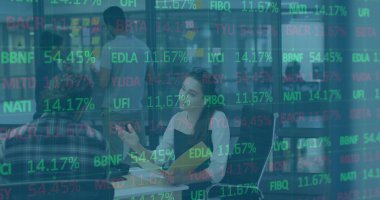 Gesturing female office worker holding yellow folder talking in modern office, with data overlays. Collaboration, teamwork, corporate, communication, professional, brainstorming, modern design