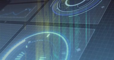 Şebeke düzlemi, yükselen ışınları ve akışları üzerinde holografik göstergelerle şeffaf veri panelleri gösteriliyor. Fütürist, yüksek teknoloji, arayüz, dijital, holografik, sürükleyici, izleme