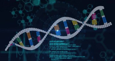 UI laboratuarında yüzen 3 boyutlu DNA sarmalı, renkli boncuklar, altıgen diyagramlar, kod blokları, dalga formu izleri. Moleküler, biyoteknoloji, geleceksel, görselleştirme, yenilik, bilim, teknoloji