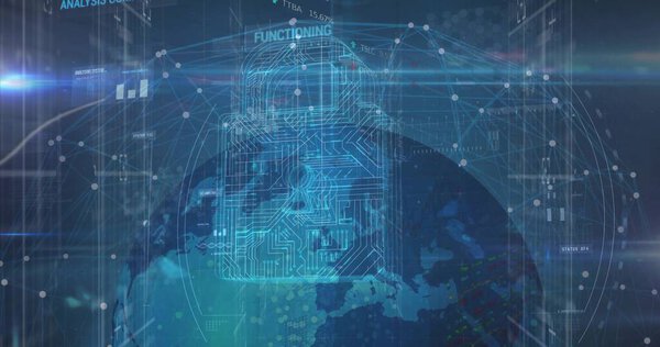 Hovering blue circuit padlock icon emitting rings over globe in security UI, with network nodes. Cybersecurity, data, technology, digital, network, protection, futuristic