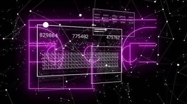 Gelişmekte olan mor klavye geniş çerçevesi aktive eden veri panelleri sürüklenen düğümler boyunca numaraları gösteriyor. Gelecek, dijital, teknoloji, arayüz, soyut, sanal, analitik