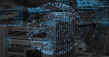 Havadan görüş küresi üzerinde, veriyi görselleştirmek için parlayan düğümler oluşturulur. Gelecekçi, teknoloji, yenilik, dijital, metropol, veri, siber güvenlik