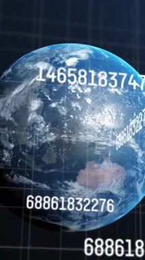 Evrende değişen sayıların animasyonu mavi arka plandaki ızgara üzerinde. küresel teknoloji ve dijital arayüz kavramı dijital olarak oluşturulmuş video.