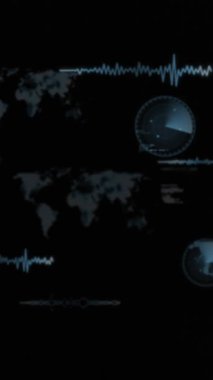 Animation of data processing against computer server room. Computer interface and business data storage technology concept