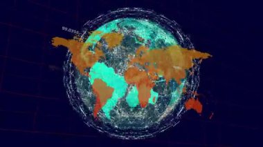 Küre örgüsü dönmeye başlıyor, düğümleri yoğunlaştırıyor, kutup yayları yayıyor, küresel trafiği görselleştiriyor. Gelecek, teknoloji, bilgi, ağ, veri, bağlantı, görselleştirme