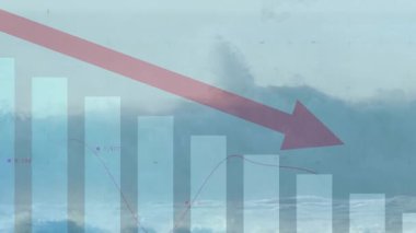 Şeffaf çubuklar dalgaların üzerinde kaybolurken, eğri çizgi süpüren ok veri düşüşünü gösteriyor. Bilgi, analitik, minimalist, deniz, dinamik, dijital, finans