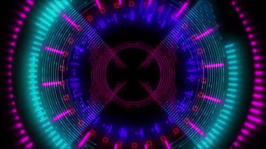 Siyah arkaplanda renkli dairelerin ve şekillerin canlandırılması. soyut arkaplan ve dijital arayüz kavramı dijital olarak oluşturulmuş video.