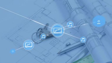Planı duraklattıktan sonra sabit kalır, sonra simgeler kaybolur, ağ örtüsünü gösteren planlar üzerine bağlanır. Mimarlık, taslak, tasarım, bağlantı, yenilik, teknoloji, işbirliği