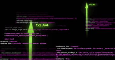 UI 'nin Magenta kodu taşması yeşil okların yükselmesine, düşmesine, veri kaymalarını gösteren numaraların güncellenmesine neden oluyor. Teknoloji, veri görselleştirme, dijital arayüz, soyut, hareket, geleceksel, analitik