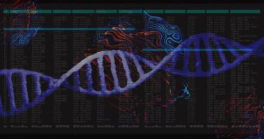 Cyan taraması veri sütunlarını bozarken DNA sarmalları salınıyor neon şekilleri görselleştiriyor. Fütürist, biyoteknoloji, siber, görselleştirme, dijital, teknoloji, veri