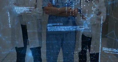 Tıbbi ekip, teşhis için gövde etrafında hologram şebekesi oluşturan ikinci işaret akışında duruyor. Sağlık, teknoloji, yenilik, veri görselleştirme, fütüristik, işbirliği, profesyonel