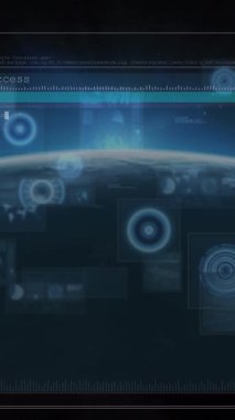 Mavi zemin üzerinde dünya ile veri işleme ile dijital arayüz. küresel ağ ve teknoloji kavramı