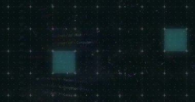 Karanlık ızgaradan başlayan Siber Güvenlik UI ve tehdit etiketlerini gösteren bozuk çubuklar arasında kareler değişiyor. Teknoloji, dijital, fütüristik, güvenlik, ağ, arayüz, veri