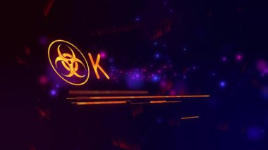 Kaybolan kehribar biyolojik tehlike simgesi EMERGENCY metnini değiştiriyor altyazı değişikliği acil eylem çağrısında bulunuyor. Dijital, geleceksel, uyarı, uyarı, arayüz, teknoloji, neon