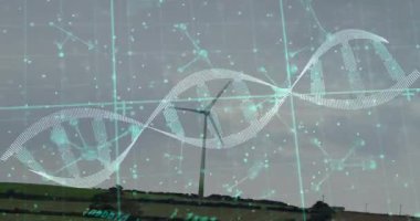 Yamacın yamacında, DNA sarmalı atarken dönen rüzgar türbinlerinin veri akışını görselleştirdiğini gösteriyor. Yenilenebilir, teknoloji, yenilik, sürdürülebilirlik, fütüristik, dijital, soyut