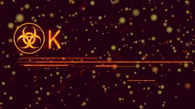 Biyolojik tehlike simgesi yükleniyor, EMERGENCY metin animasyonu, acil eylem sinyali. Tehlike, ihtiyat, tetikte olma, dijital arayüz, uyarı, güvenlik, teknolojik