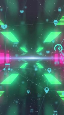 Dijital renkli tünel üzerinden simgeleri birbirine bağlayan ağın animasyonu. Dijital ağ teknolojisi konsepti dijital olarak oluşturuldu.