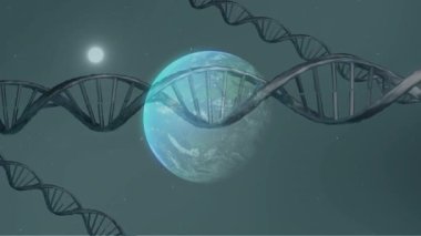 Gri DNA sarmalı iniyor, yana kayıyor ve yörüngeye dönüyor. Fütürist, kozmik, moleküler, bilim kurgu, astronomi, yenilik, teknoloji