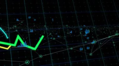 3D ızgara boyunca süpürülen renkli veri izleri ve veri akışını gösteren yumurtlama şeması simgeleri. Geometrik, analitik, geleceksel, teknoloji, görselleştirme, dijital, soyut