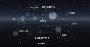 Başlangıçta holografik veri küresi döndürüyor, grafikleri güncelliyor, ölçümleri görselleştirmek için kodları kaydırıyor. Holografi, veri görselleştirme, fütüristik, teknoloji, dijital atmosfer, grafikleme, bilgi