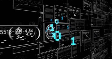 Veri panellerinin üzerinde görünen parlak mavi rakam 1, güncelleme göstergeleri, canlı veri işleme gösteriliyor. Fütüristik, veri görselleştirme, holografik, analitik, teknolojik, daldırıcı, dijital arayüz