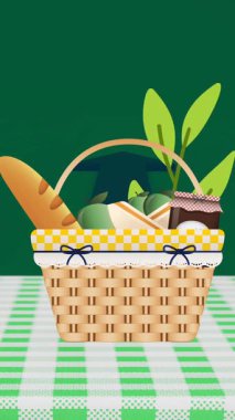 Bitkilerin üzerinde yiyecek olan sepet animasyonu. Küresel iş ve dijital arayüz kavramı dijital olarak oluşturulmuş video.