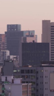 Yüksek binalarla şehir üzerinde dönen bir dünya animasyonu. Global, skyline, urban, skyscrapers, business, technology