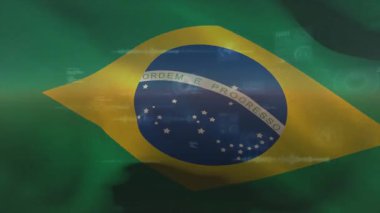 Yeşil arkaplan açılması Brezilya bayrağı girişine neden oluyor. İHD elementleri üzerinde dalgalanmalar üst üste biniyor. Dijital, teknoloji, arayüz, veri, siber, geleceksel, yenilikçi