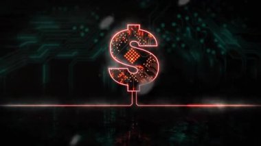 İkili akımlar kayıyor, titreşen neon-kırmızı dolar işareti küre etrafında dalgalar oluşturuyor. Siber güvenlik, engelleme zinciri, fintech, digital, technology, innovation, futuristik