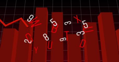 Yükselen 3 boyutlu kırmızı çubuklar veri kırıntılarının dağılmasına yol açıyor, karanlık şebekedeki pürüzlü eğilim çizgisine hizalanıyor. Soyut, görselleştirme, analitik, dijital, geleceksel, veri, teknoloji