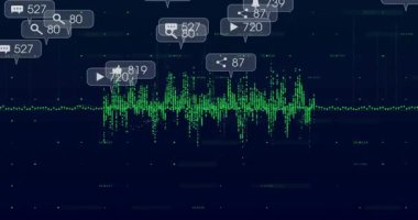 Veri dalgaları yeşil çizgide sallanırken, bağlama simgeleri de ölçümleri göstermek için patlayıp kümeleniyorlar. Teknoloji, analitik, dijital, veri görselleştirme, arayüz, modern, geleceksel