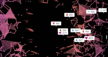 Çokgen ağ parlıyor ve boşluğa bildirim simgeleri gönderiyor, artan sosyal ölçümleri gösteriyor. Soyut, dijital, geleceksel, teknoloji, veri, siber, yenilik