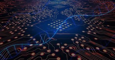 Mavi dalga biçimi ortaya çıkıyor. Sol kenar tarama devresi darbeli düğümler. Veri akışını 3 boyutlu görüntülüyor. Teknoloji, yenilik, bağlantı, fütürizm, dijital, siber, elektronik