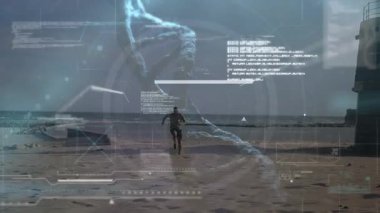 DNA iplikçiklerinin döndürülmesi ve Afrikalı Amerikalı bir adamın koşması üzerine veri işlemesi. global spor, aktif yaşam tarzı ve veri işleme kavramı dijital olarak oluşturulmuş video.